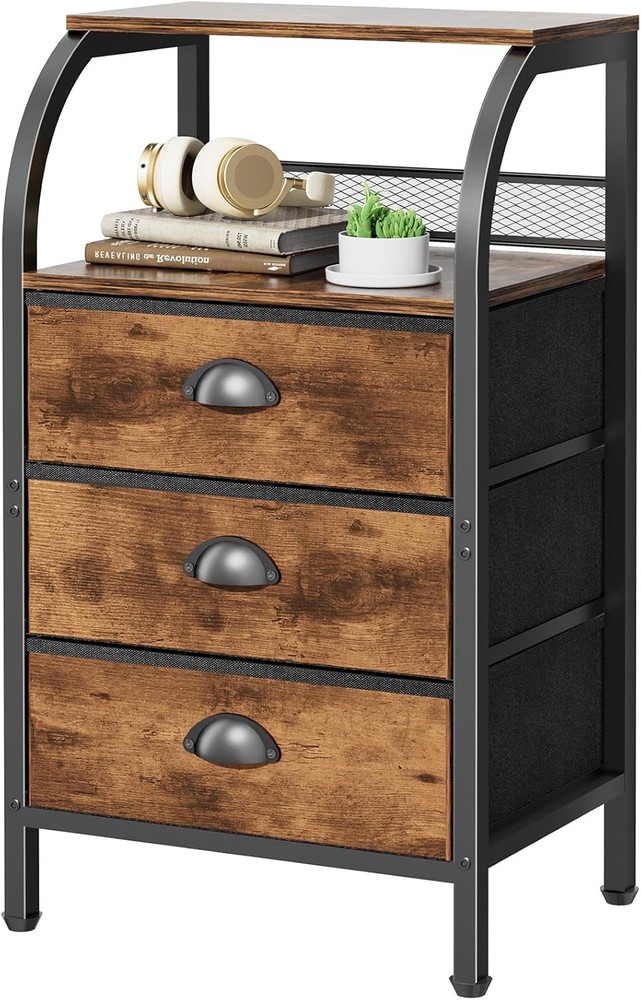 Compact Rustic Brown Nightstand with 3 Drawers – 11.6D x 15.2W x 27.6H