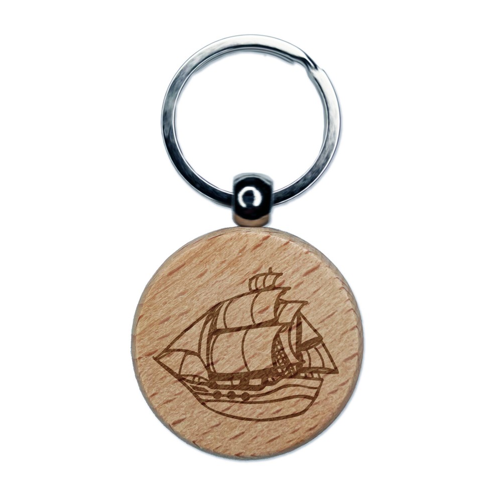 Old Timey Boat Ship Engraved Wood Round Keychain Tag Charm