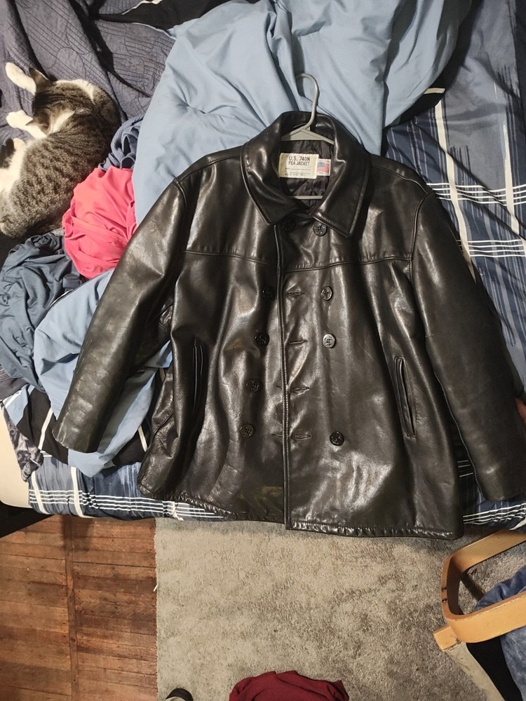 Schott 740N Black Leather Pea Coat for Men Size 50 Made in USA