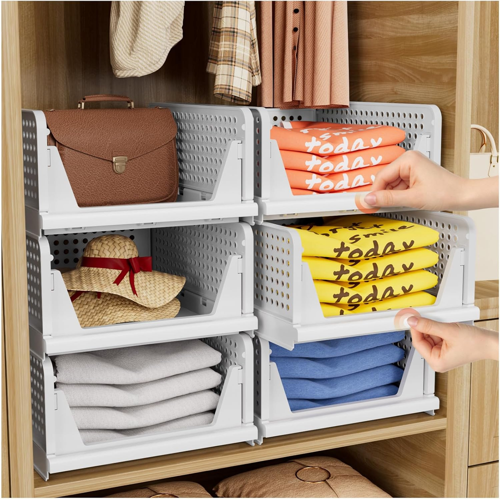 5 Pack Folding Closet Organizers Storage Box, Stackable Storage Bins, Plastic Dr