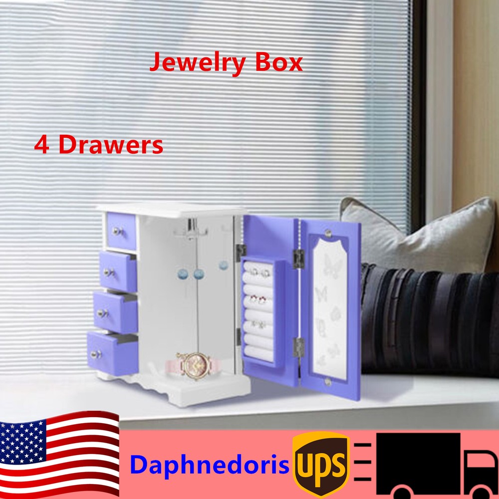 Jewelry Box Bracelets Rings Storage Organizer 4 Drawers Purple w/Built-in Mirror