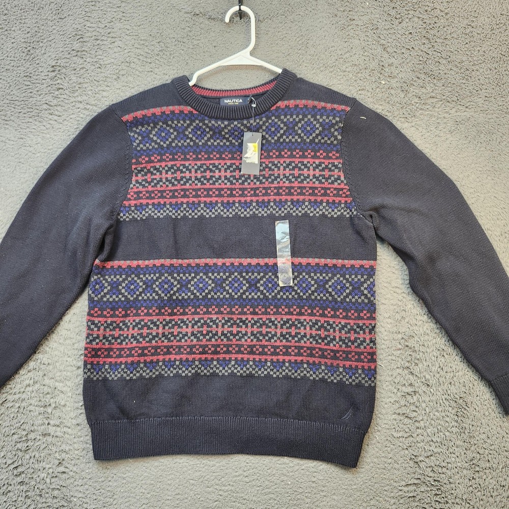 Nautica Sweater Mens Large Navy Fair Isle Crewneck Knit New With Tags S53308