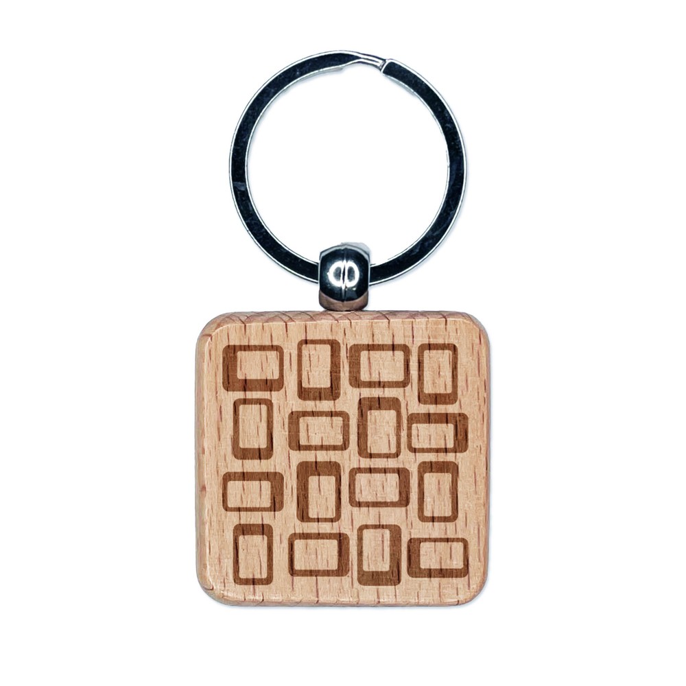 Midcentury Engraved Wood Square Keychain Charm with Rectangle Design  