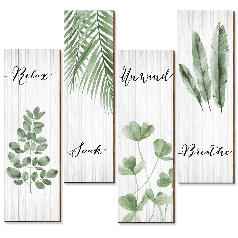 Yookeer 4-Piece Boho Leaf Bathroom Wall Art Set - Relax Soak Unwind Breathe Decor