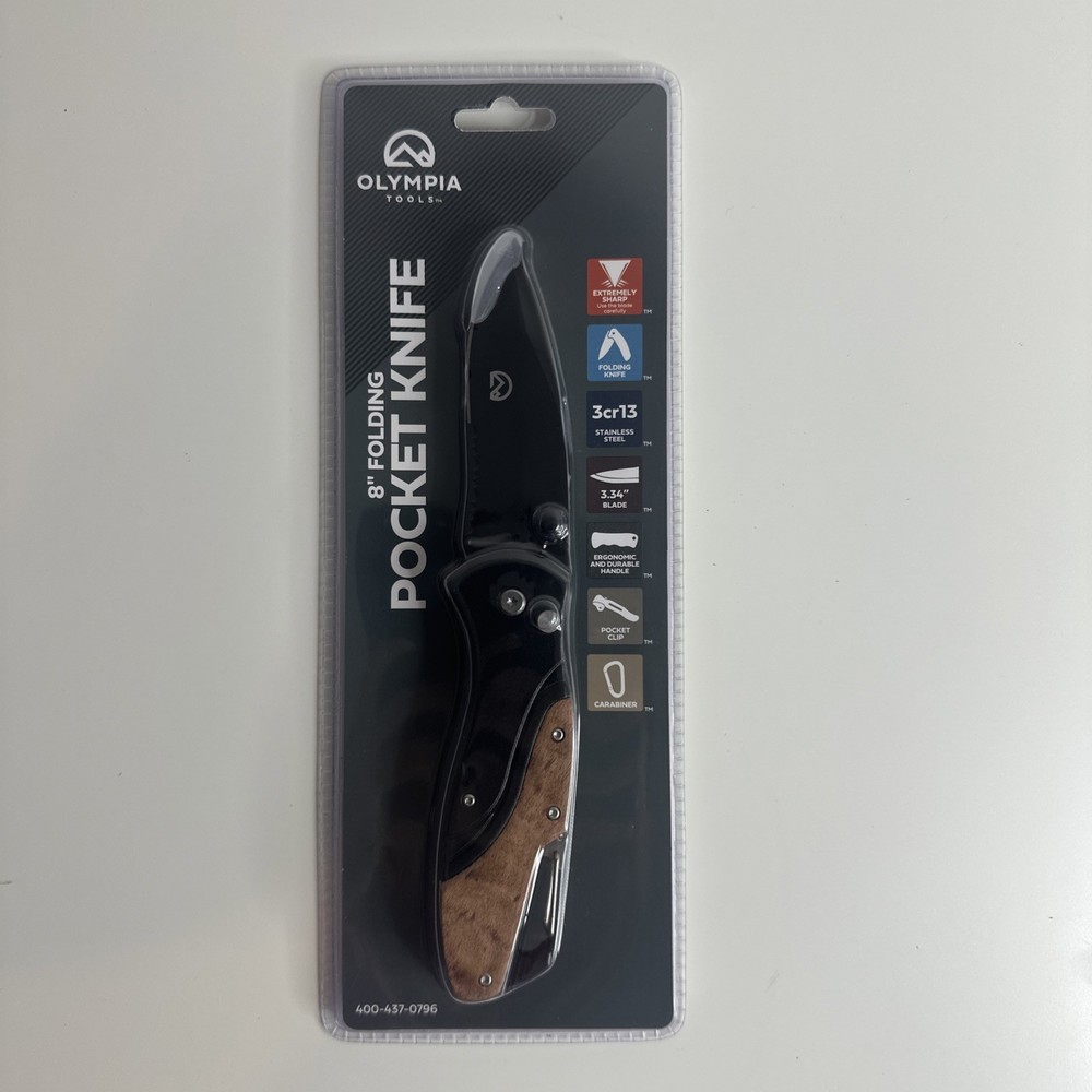 Olympia 8-inch folding pocket knife with aluminum and wood handle