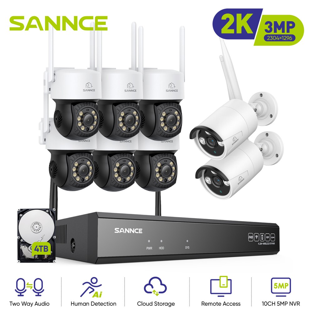 SANNCE 10CH 3MP Outdoor Wireless PT Security Camera System with 2-Way Audio and Color Night Vision