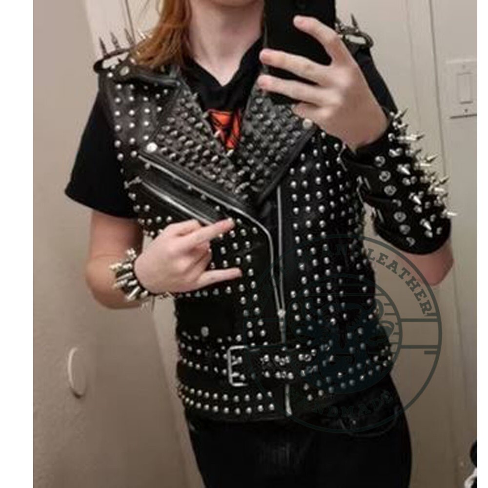 Men's Spiked Belted Biker Leather Vest Jacket with Studs