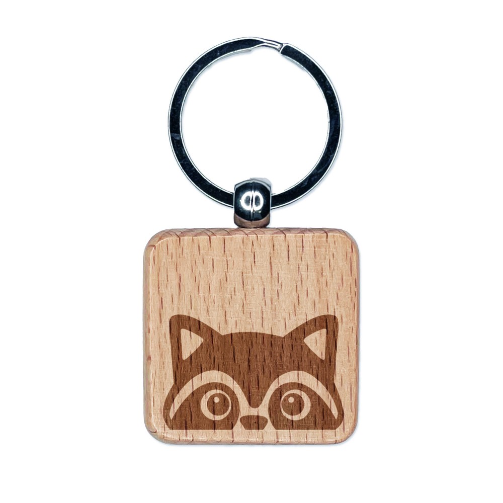 Peeking Raccoon Engraved Wood Square Keychain Tag Charm
