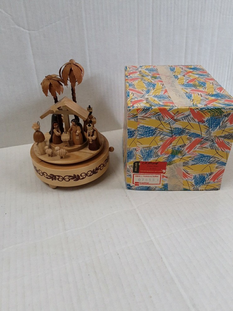 Erzgebirge Expertic Wooden Nativity Music Box  Germany Carousel Silent Night