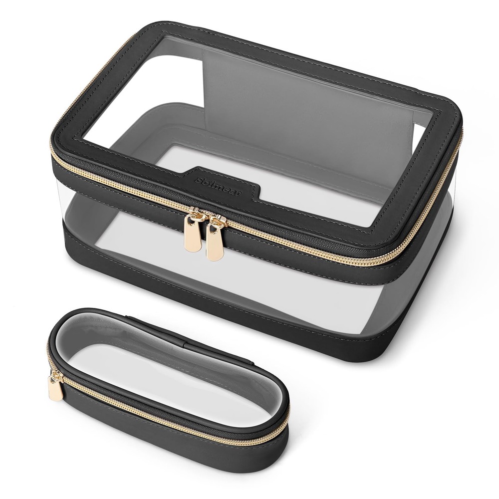 Leather Travel Makeup Bag with Clear Organizer & Brush Holder