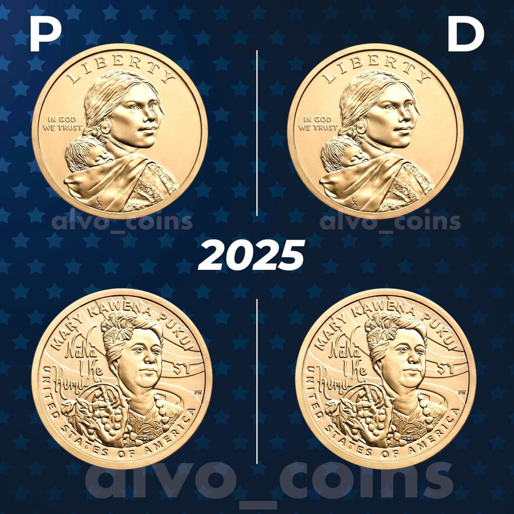 PRESALE  2025 P, D Native American $1. Lot 2 BU coins are from US Mint rolls.-image