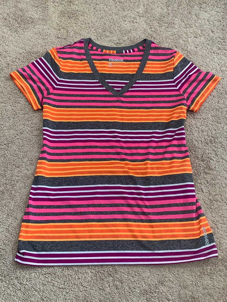 Reebok Womens Dri-Fit Shirt Size Medium Striped V-Neck Heat Gear