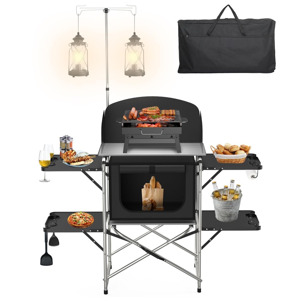 Camping Table, Aluminum Folding Camping Cook Station with Windshield, Upgrade...