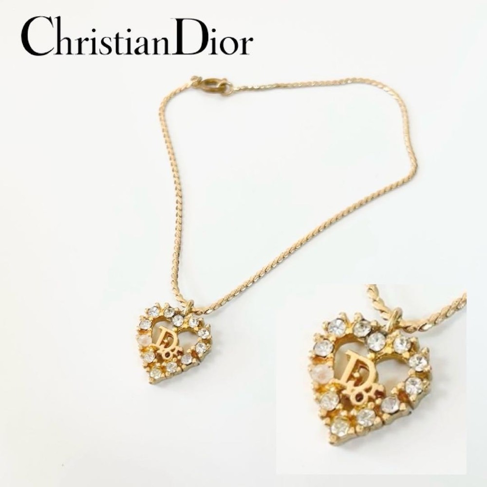 Vintage Christian Dior Heart Logo Rhinestone Gold Necklace Authentic From Japan RA