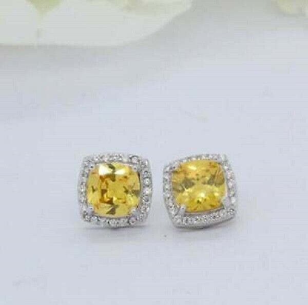4Ct Cushion Cut Yellow Citrine Diamond Halo Stud Earrings 14K White Gold Finish