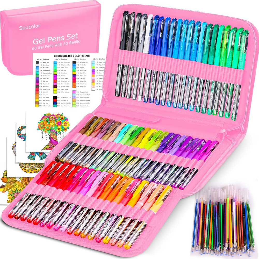 Soucolor Gel Pens Set - 120 Pack with 60 Colors, 60 Refills, Travel Case
