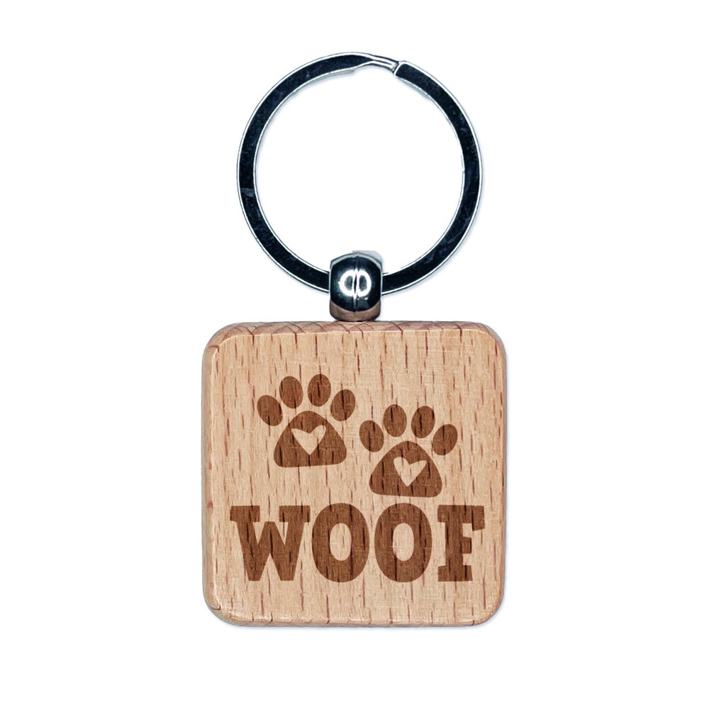Woof Dog Paw Prints Hearts Love Fun Text Engraved Wood Square Keychain Tag Charm