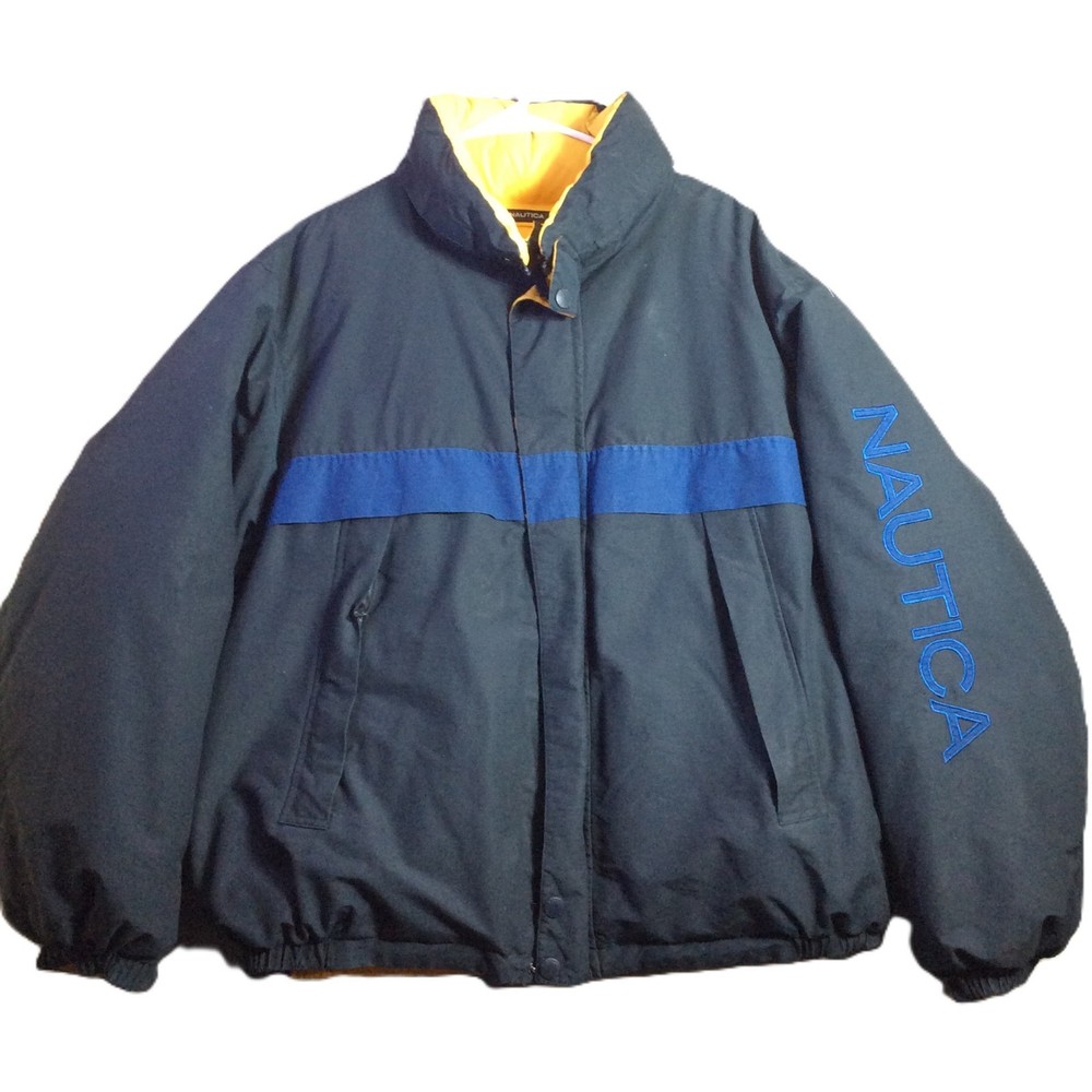Nautica Reversible Puffer Jacket Mens 2XL Blue Yellow Quilted Down Full Zip Hood