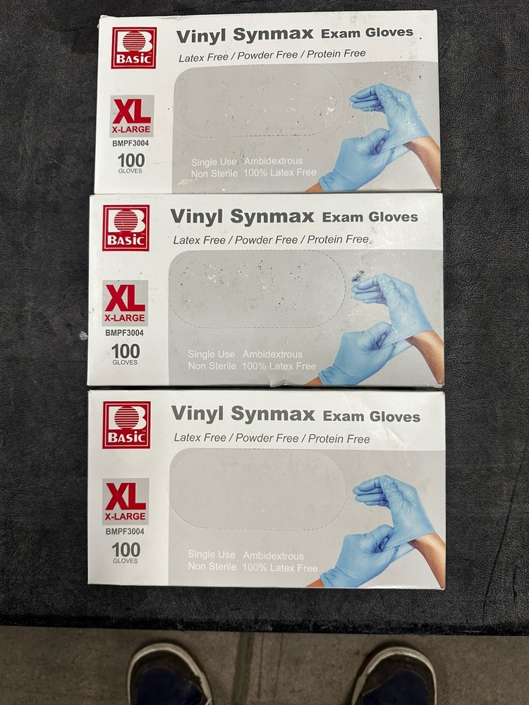 Lot of 3 Packs Basic Vinyl Synmax Exam Gloves Latex-Free Powder-Free XL