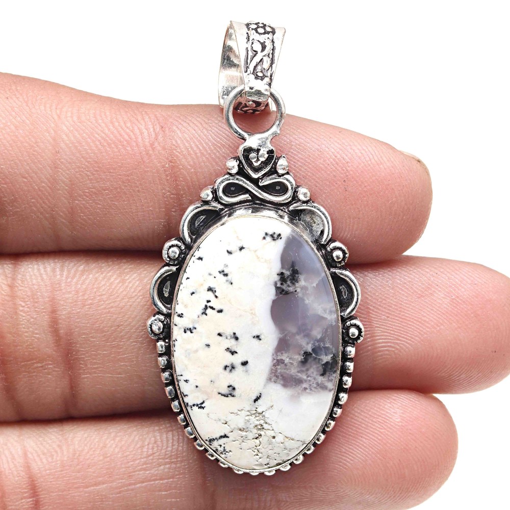 Dendritic Opal Silver Pendant Necklace 2 Inch Valentines Gift