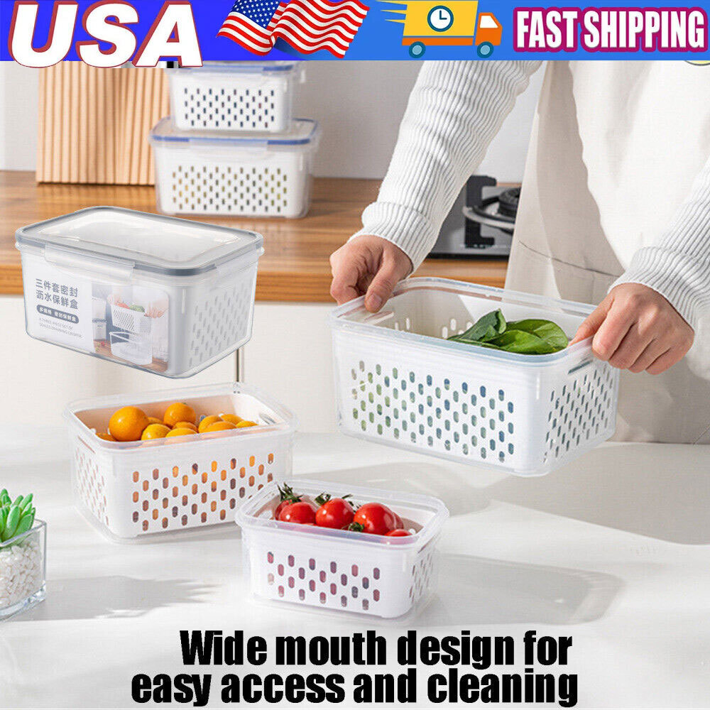Double Layer Food Storage Container for Fridge with Lid - Keep Fruits Veggies Fresh