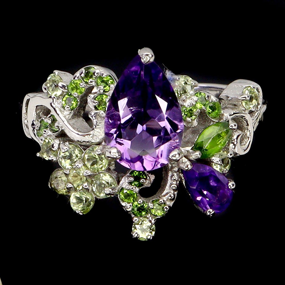 925 Sterling Silver Ring Pear Amethyst 9x6mm Peridot Gemstone Jewelry Size 8