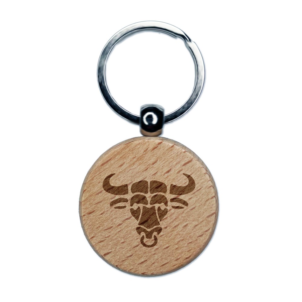 Water Buffalo Ox with Nose Ring Engraved Wood Round Keychain Tag Charm