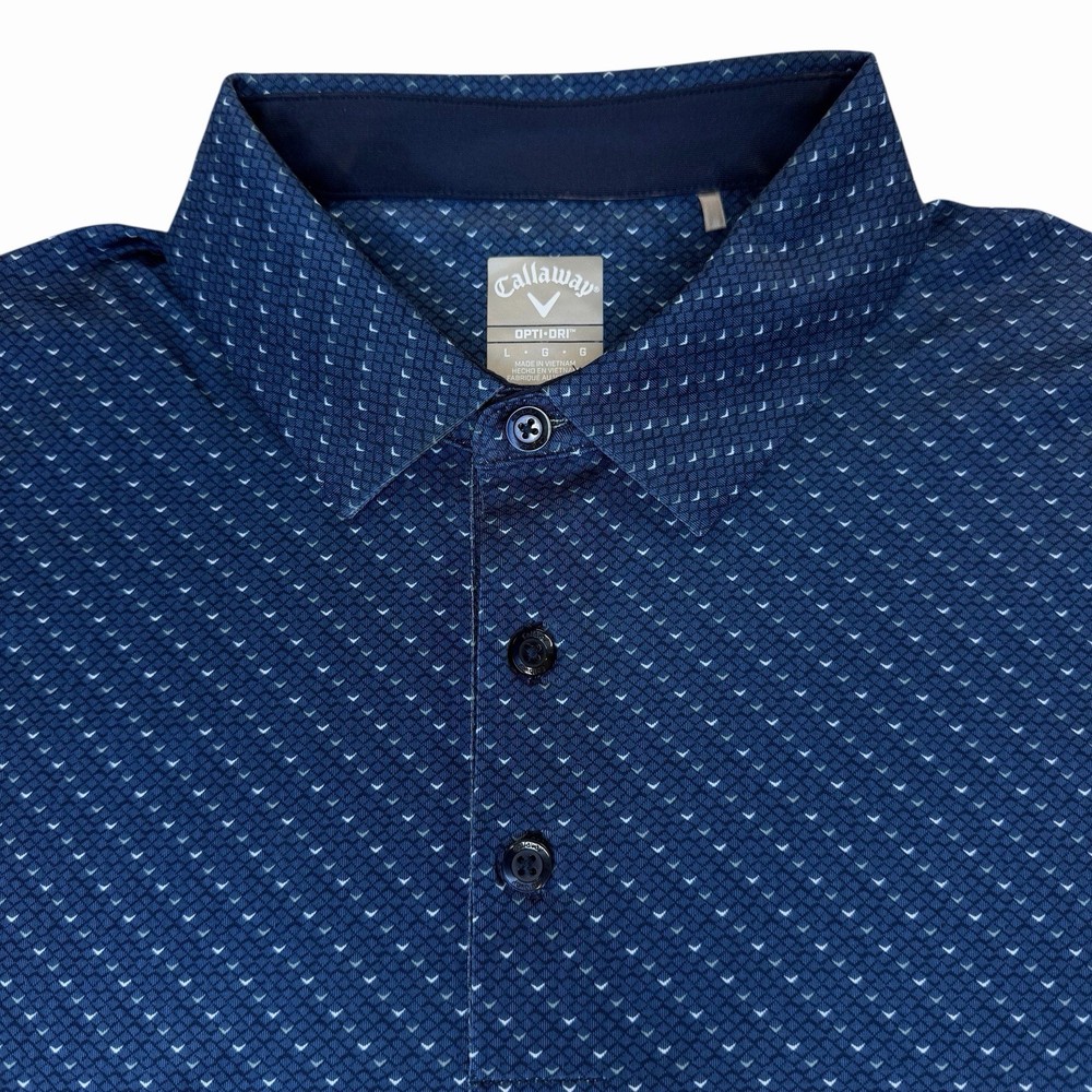 Callaway Men's Opti-Dri Golf Polo Shirt Navy Blue Logo All Over Print LARGE