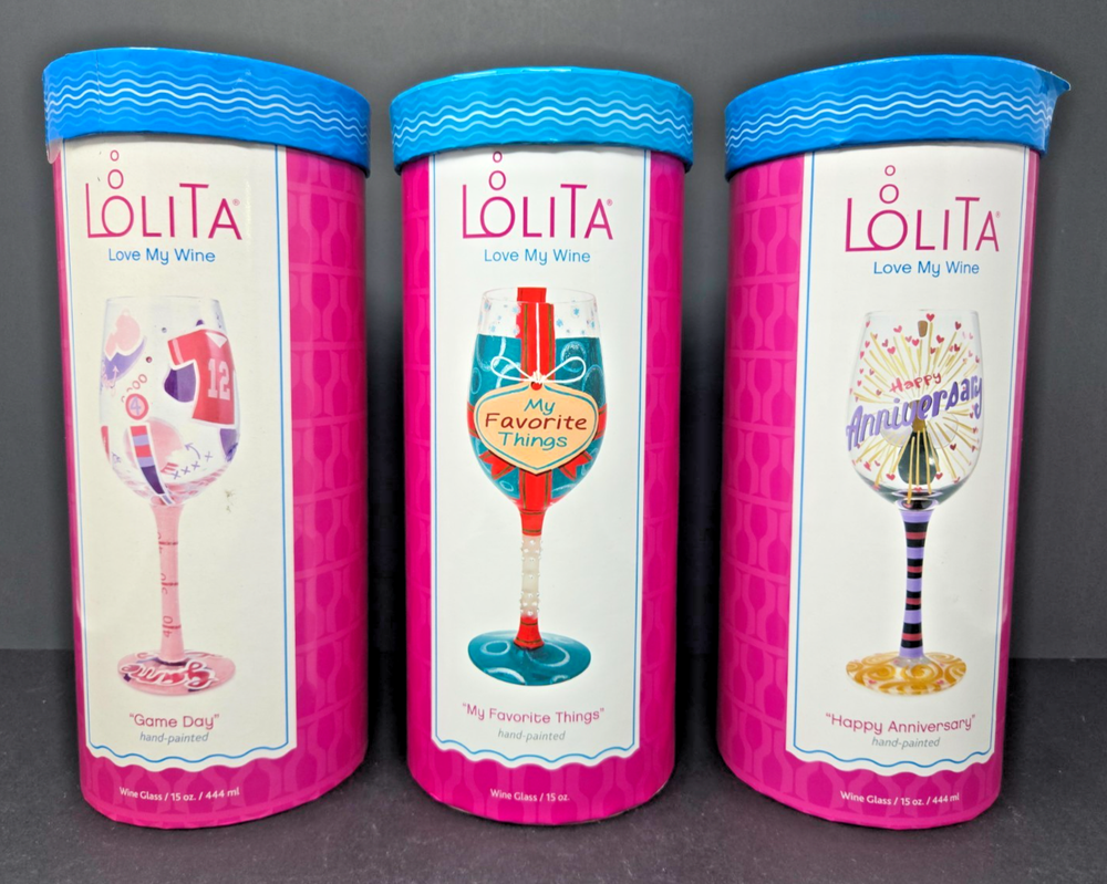 LOT of 3 LOLITA Wine Glasses Happy Anniversary, Game Day, My Favorite Things NOS