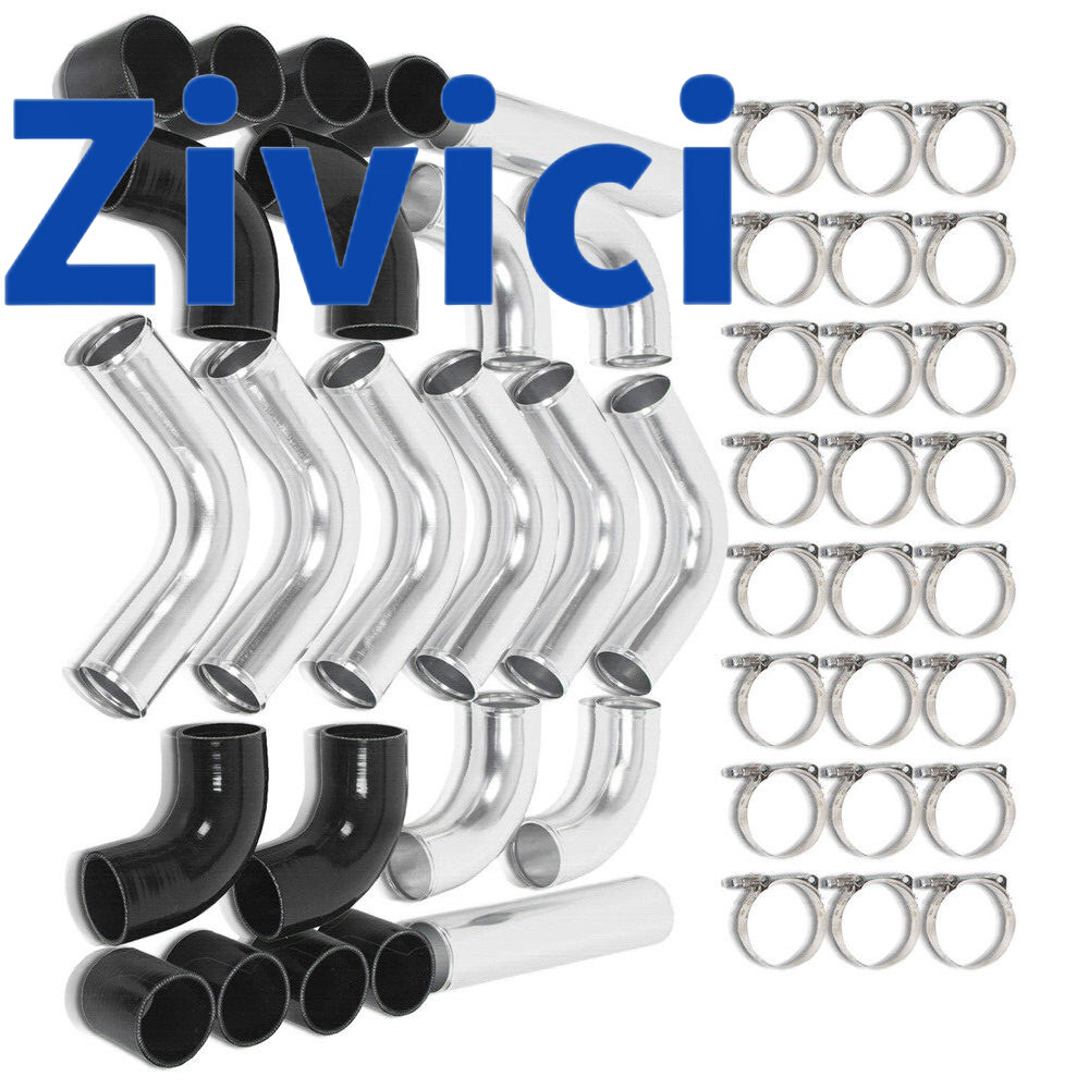 76mm Universal Aluminum Intercooler Turbo Pipe Kit with Black Hose & Clamps