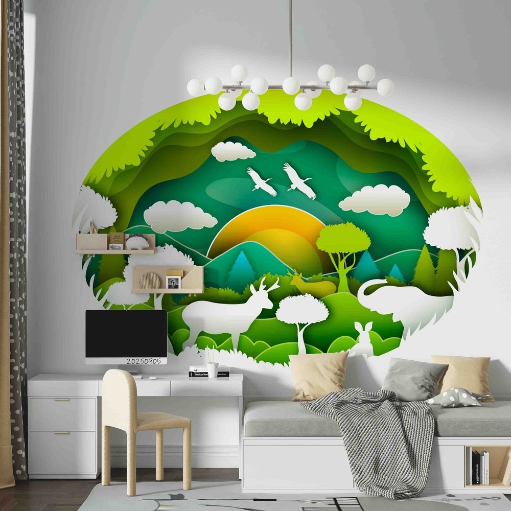 3D Animals Forest Sunset Paper Style Wall Murals Wallpaper Murals Wall Sticker
