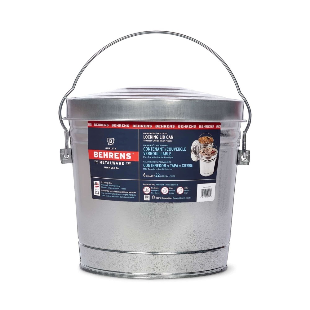 Behrens 6-Gallon Galvanized Steel Locking Lid Storage Can for Secure Dry Food Storage