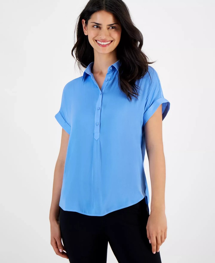 T Tahari Women's Top Sz XS Cuffed Short-Sleeve Collared