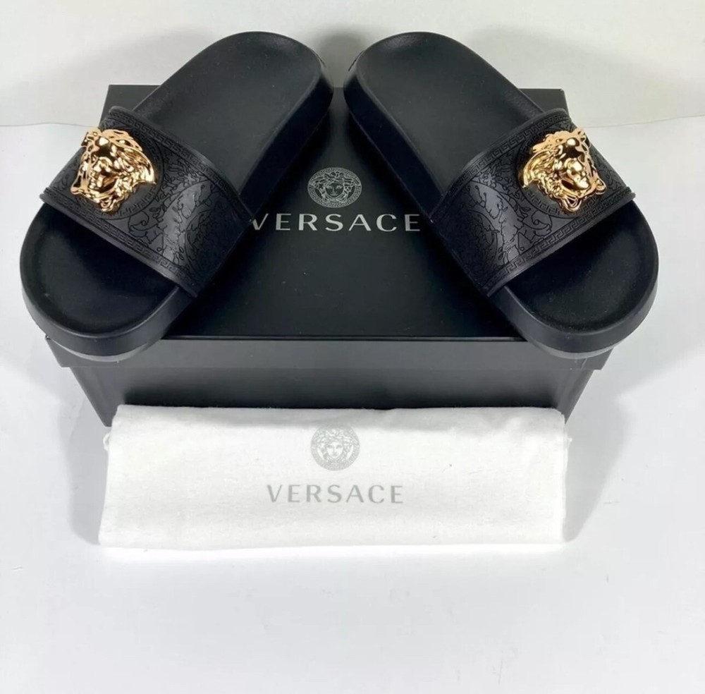 Brand New Versace Women's Black Gold Medusa Palazzo Sandals Slides! Size 39