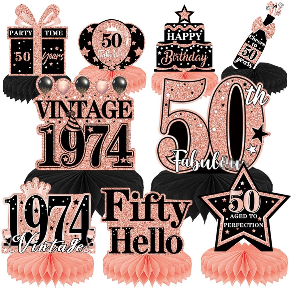 Elomy 9PCS Vintage 50th Birthday Party Decorations for Women - Gold Theme 50th Birthday Decor