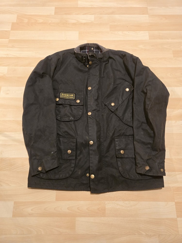 Barbour International Jacket Black Waxed Tartan Coat Corduroy Collar Men’s 44