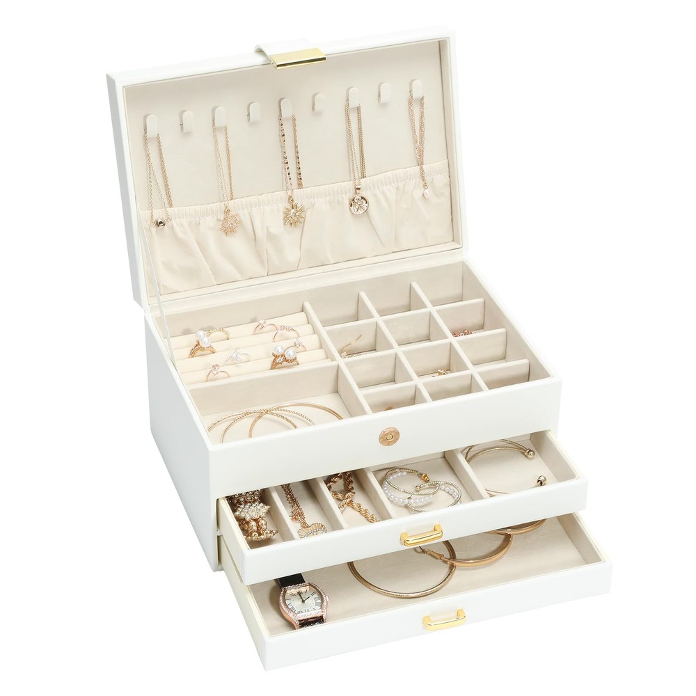 Jewelry Organizer Box, Women Jewelry Box 3 Layers with 2 Drawers, Large Jewel...