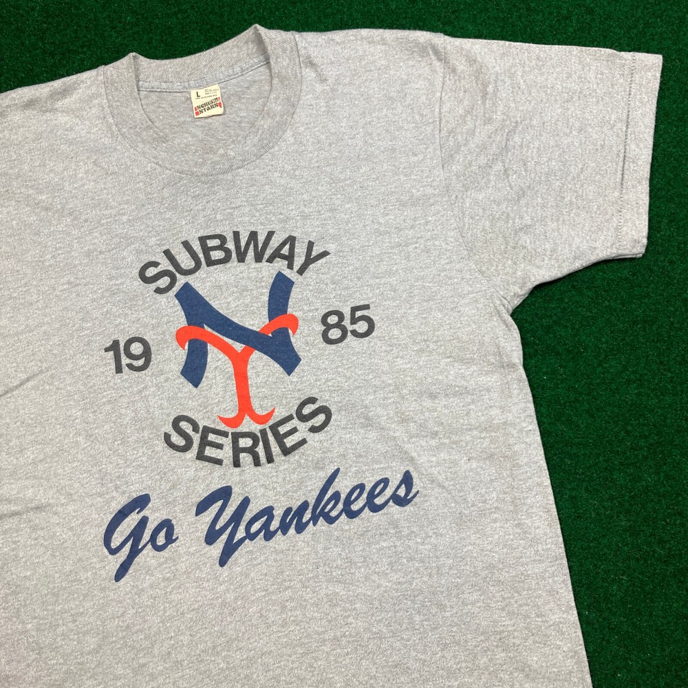 Vintage 1985 NY Yankees Subway Series Gray Tee Mens L 80s MLB USA Mets