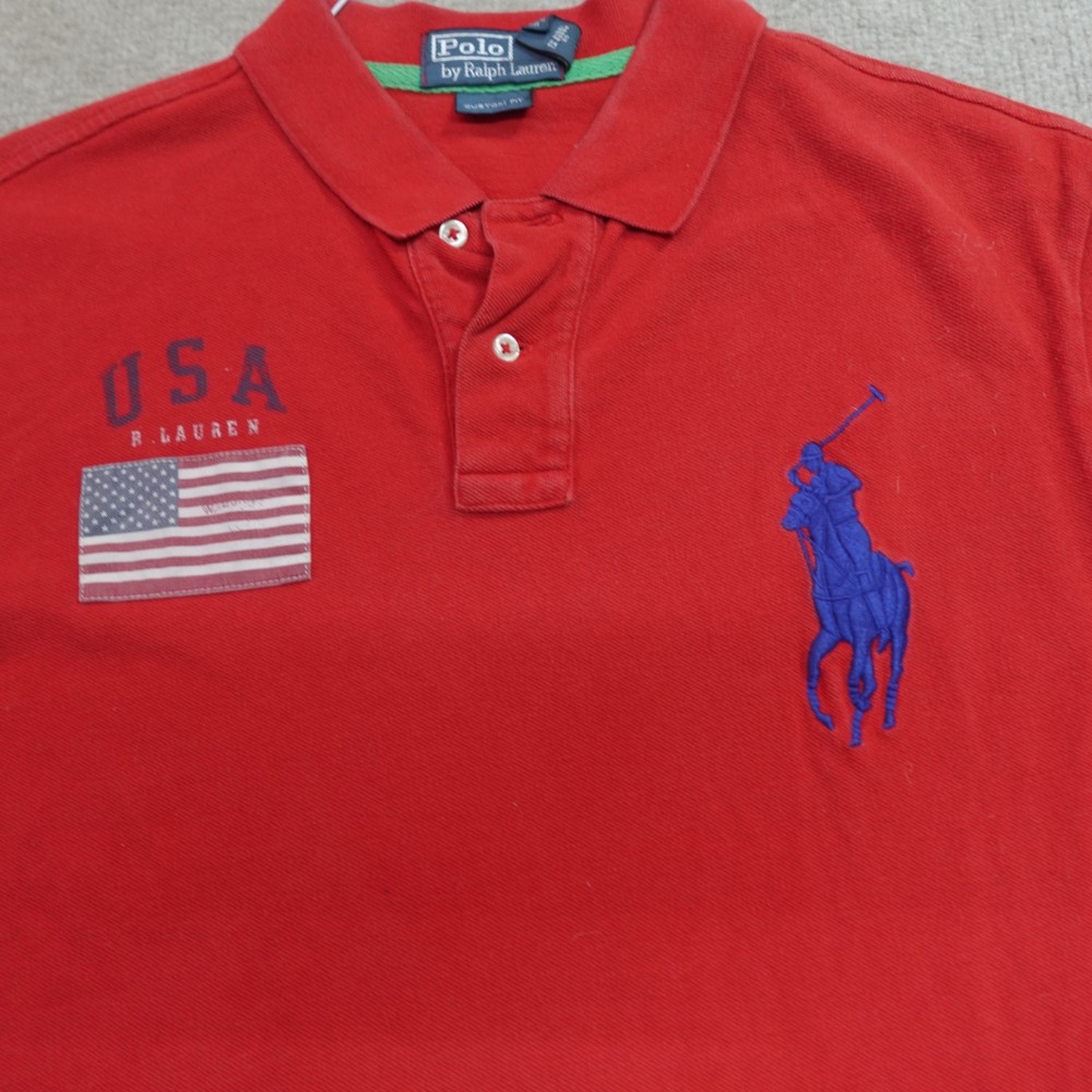 Polo Ralph Lauren Polo Shirt XL Red Big Pony Custom Fit American Flag USA