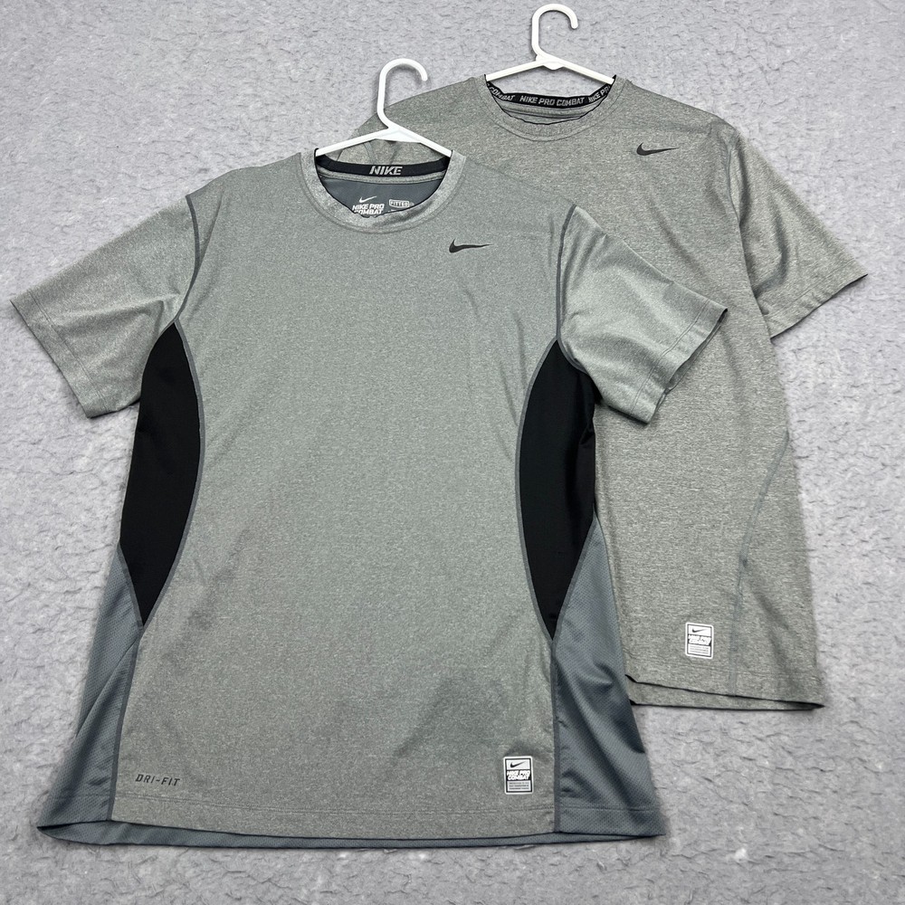 Lot of 2 Nike Pro Combat Shirt Men's XL Gray Dri-Fit Compression Fitted Crew Tee