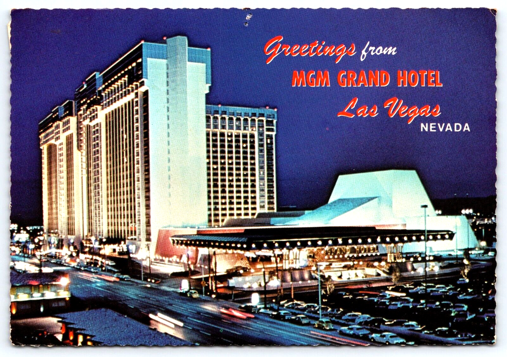 VINTAGE OLD ANTIQUE POSTCARD PICTURE MGM GRAND HOTEL CARS LAS VEGAS NEVADA USA