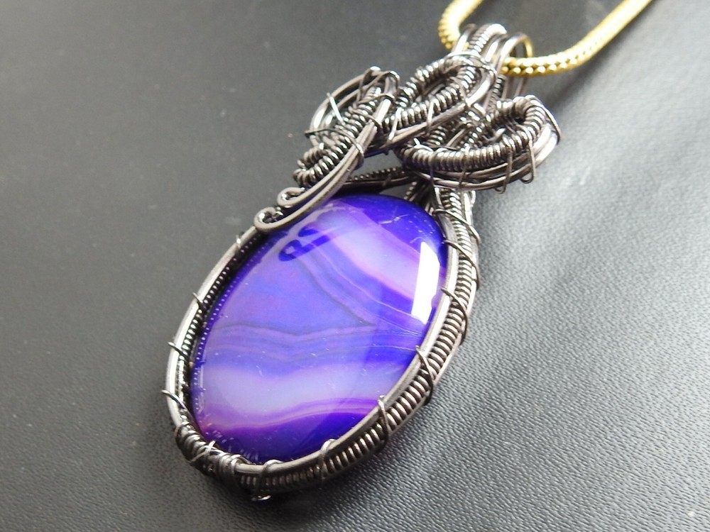 Purple Strip Agate Brass Pendant Silver Oxidised Polished Wire Wrapped Jewelry