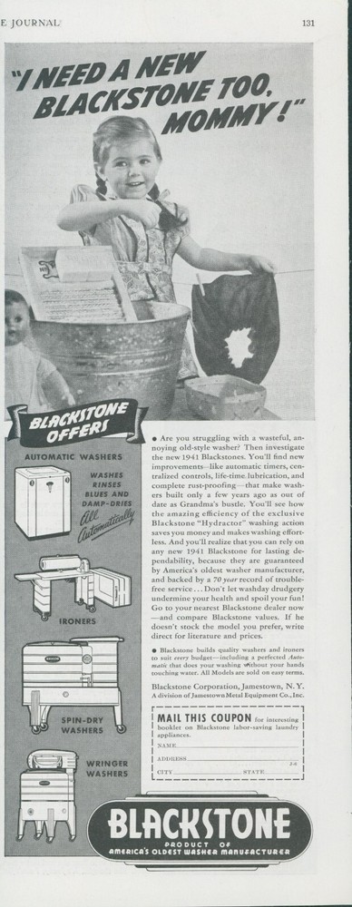 1941 Blackstone Washer Washboard Clothesline Girl Pigtails Vintage Print Ad LHJ3
