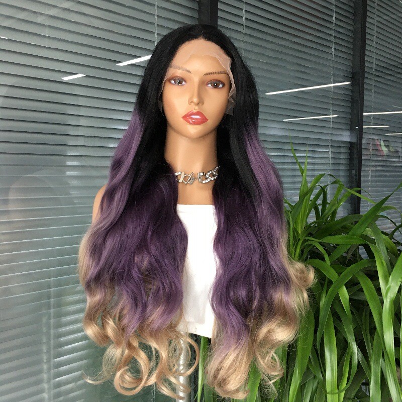 Long Black Purple Blonde Ombre Glueless Curly Lace Front Wig Soft Natural