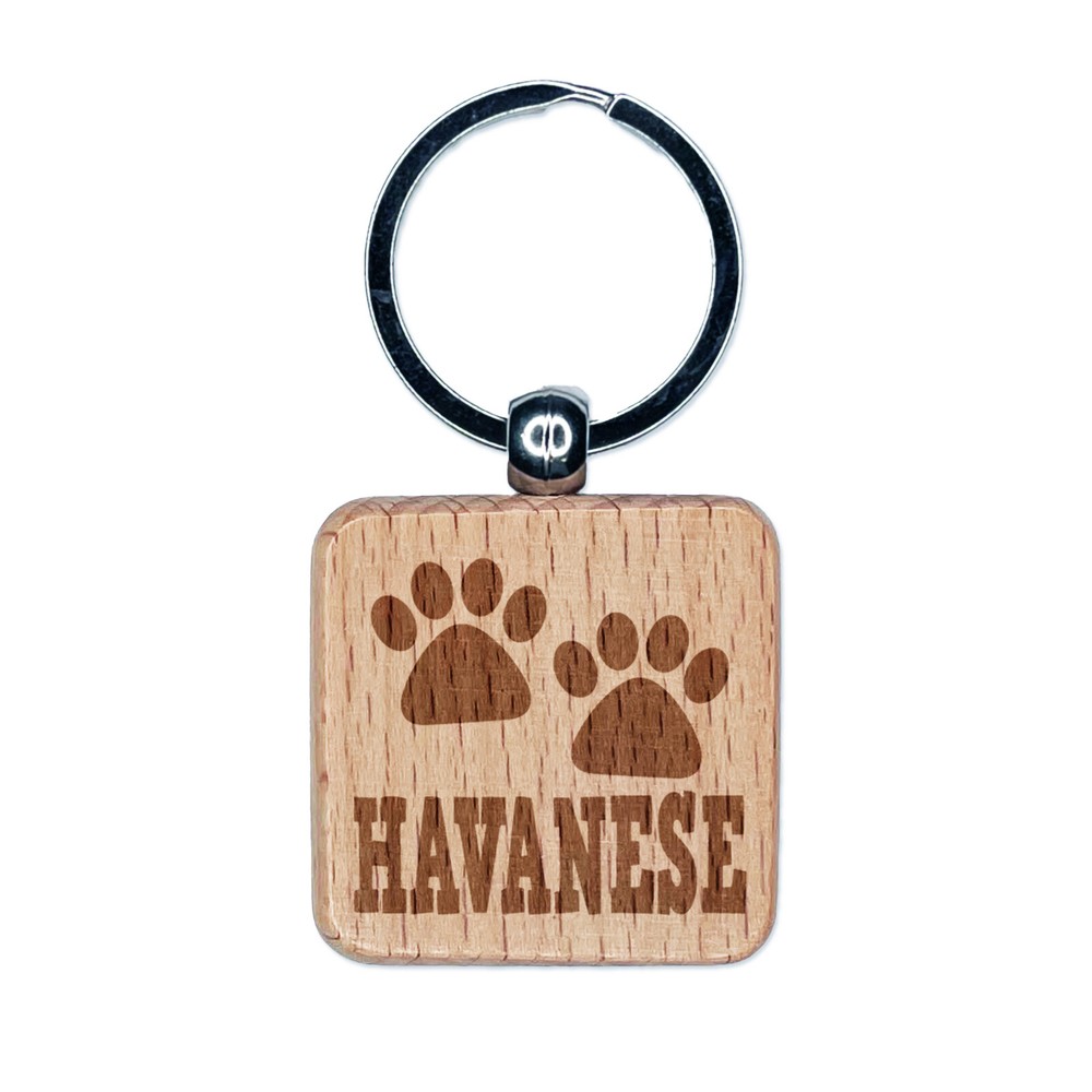 Havanese Dog Paw Print Engraved Wood Keychain Charm Tag