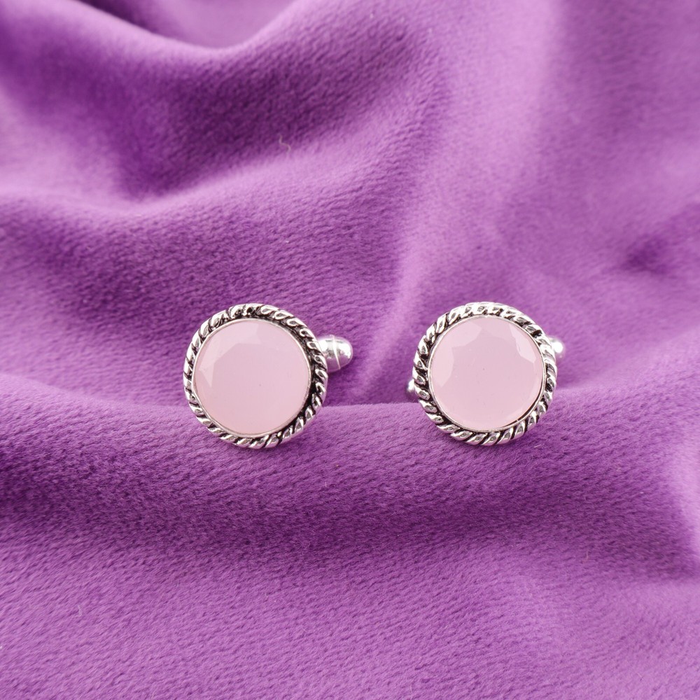 925 Sterling Silver Rose Chalcedony Stone Pink Luxury Mens Cufflinks Jewelry