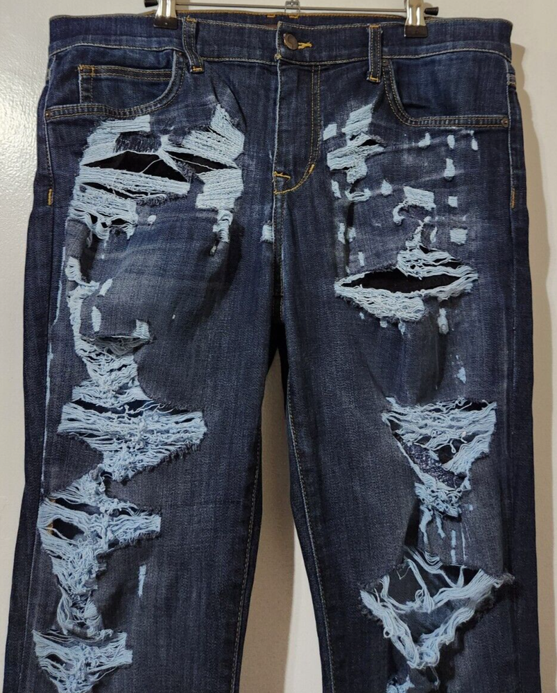 Joes Men 33x32 Slim Straight Distressed Torn Ripped Stretch Dark Blue Faded Jean