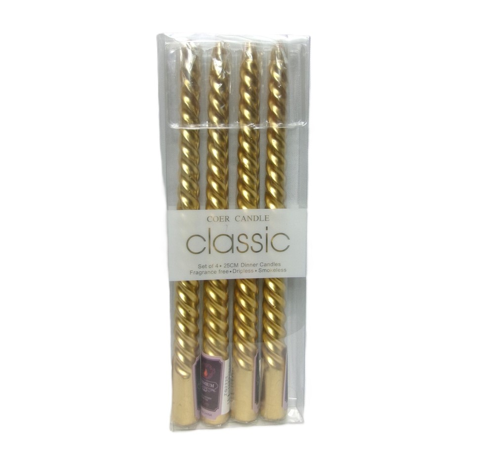 4-Pack Gold Swirl Spiral Taper Candles Mid-Century Style 9.75 Inch