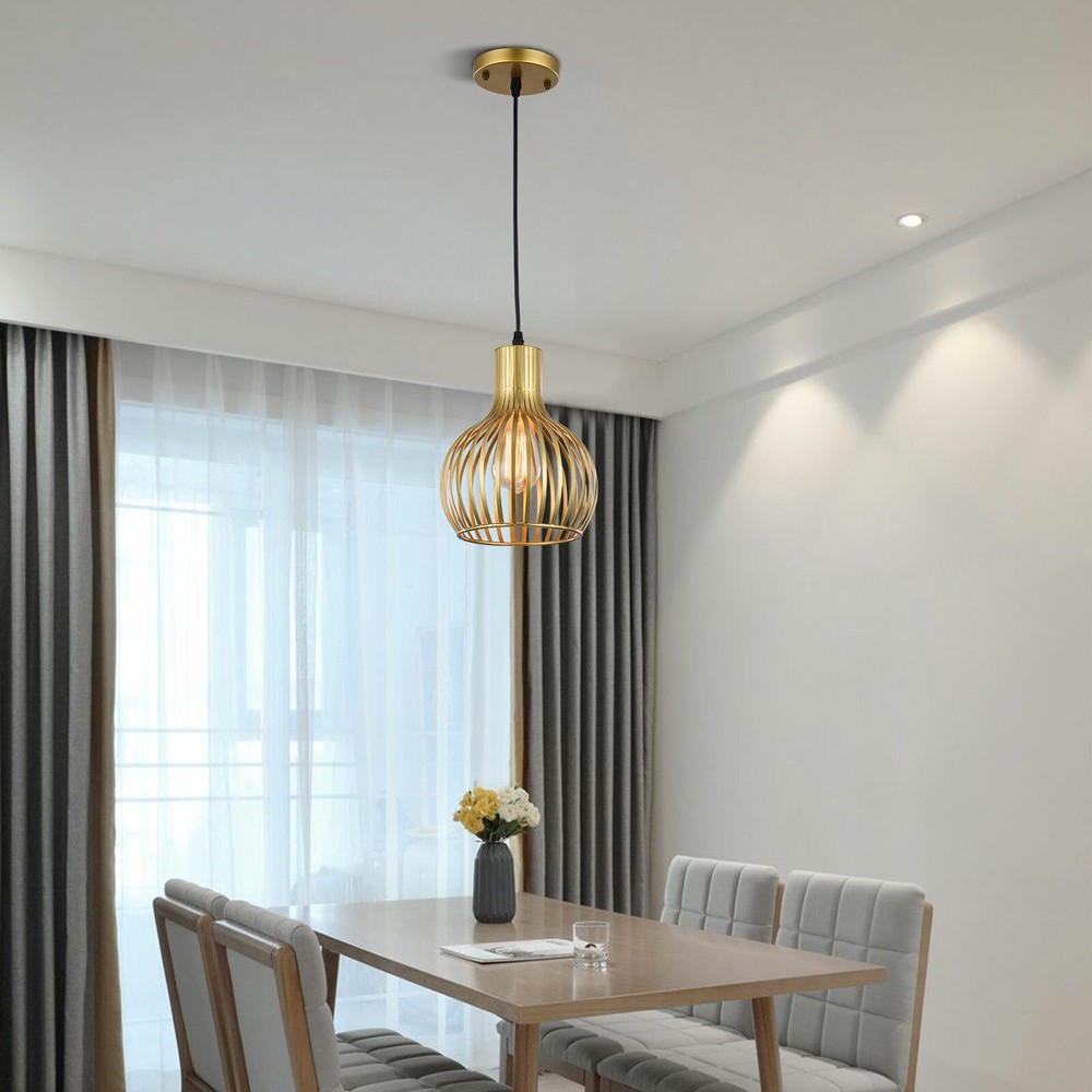 Modern Pendant Light Fixture Gold Hanging Ceiling Kitchen Island Metal Cage Lamp