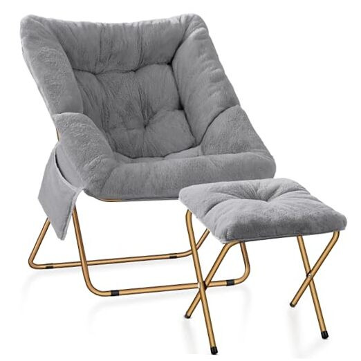 Foldable Saucer Chair for Adults with Soft Faux Fur - Comfy Living Room Seating